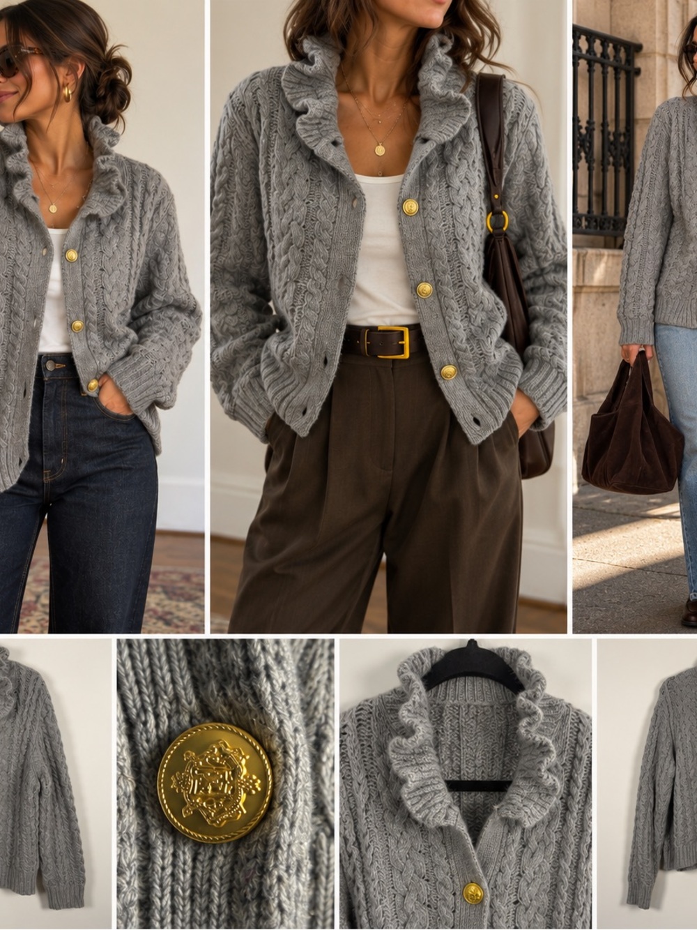 J.Crew Gray Cable Knit Cardigan Ruffle Collar Gold Buttons XXL